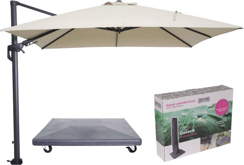 Garden Impressions Hawaii parasol 3x3 m ecru doek inclusief 90 kg parasolvoet en bijpassende parasolhoes