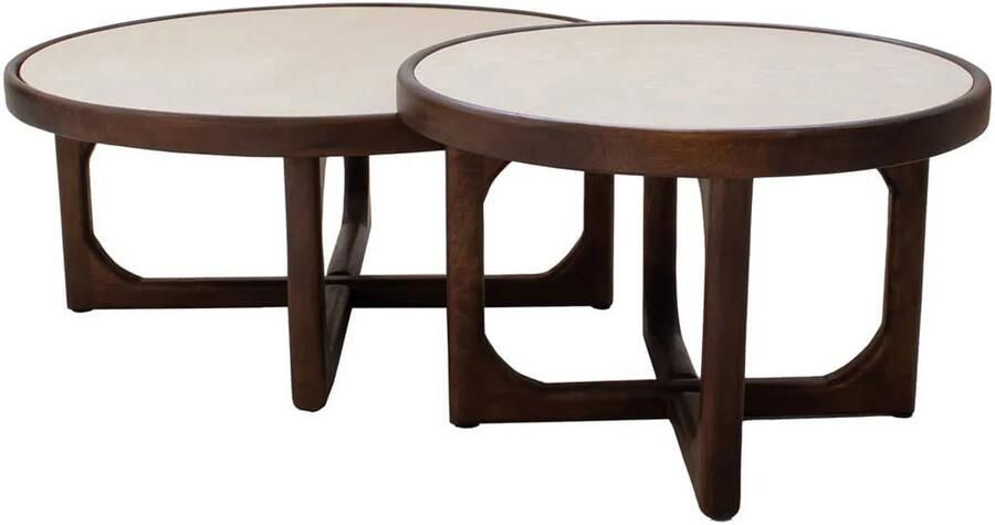 Giga Meubel Salontafel Ayase Rond Marmer Hout Donkerbruin Set van 2