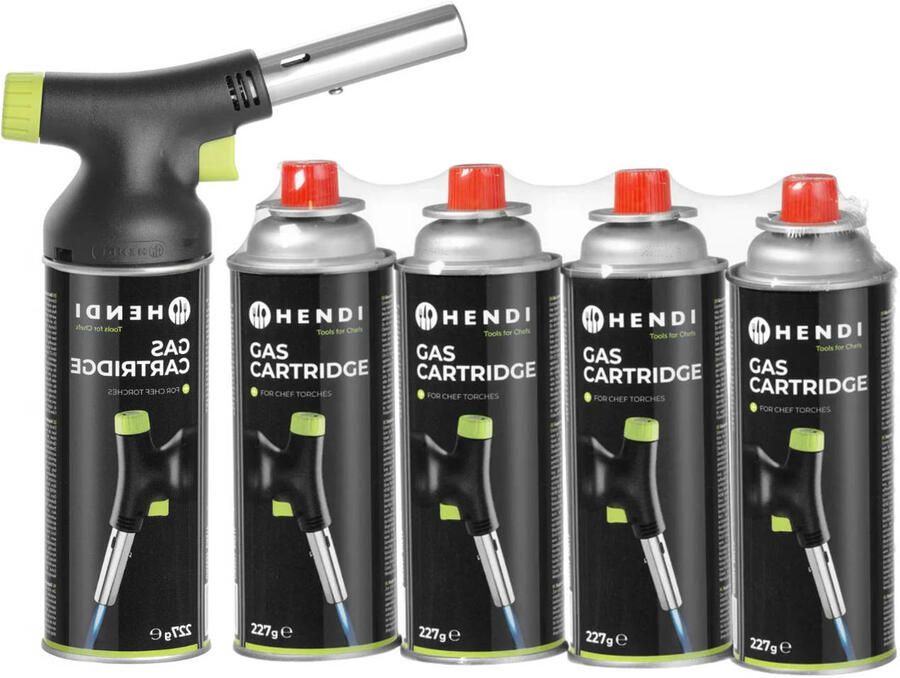 Hendi BBQ Aansteker Creme Brulee Brander Koksbrander met gasbus + Extra Butaan Gas Navullingen 4 Stuks