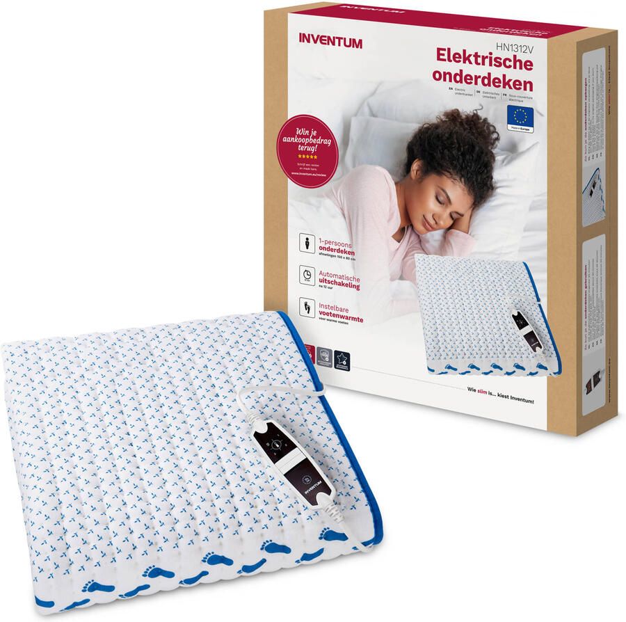 Inventum HN1312V Elektrische onderdeken Aparte voetenzone 1 persoons 150 x 80 cm Fleece Katoen Wit Blauw - Foto 2