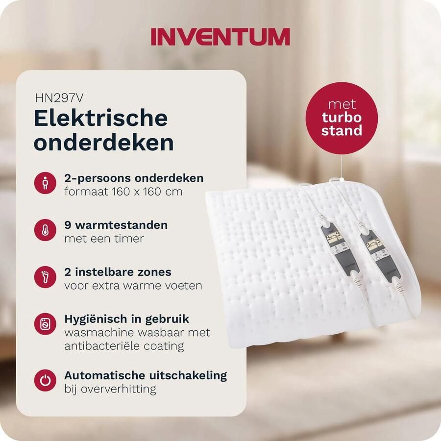 Inventum HN297V Elektrische Onderdeken Aparte voetenzone 2 persoons 160x160 cm Anti allergie Antibacterieel Fleece Wit - Foto 4