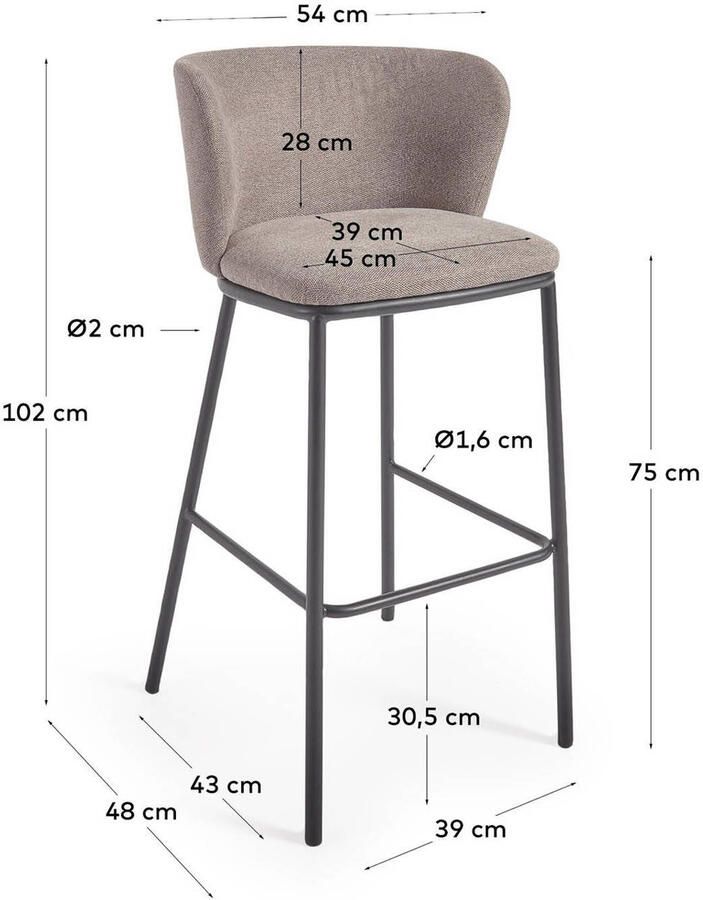 Kave Home Ciselia kruk lichtbruine chenille en staal in zwart hoogte 75 cm
