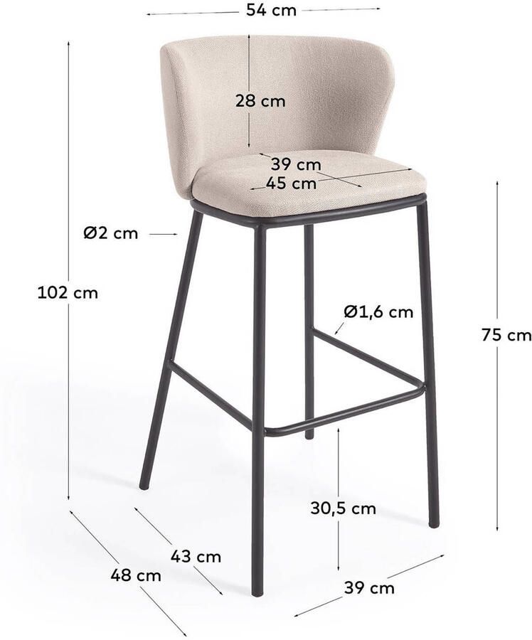 Kave Home Ciselia kruk beige chenille en staal in zwart hoogte 75 cm - Foto 2