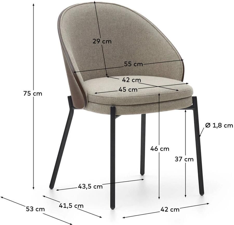 Kave Home Eamy lichtbruine stoel in essenhoutfineer met wengé afwerking en zwart metaal - Foto 3