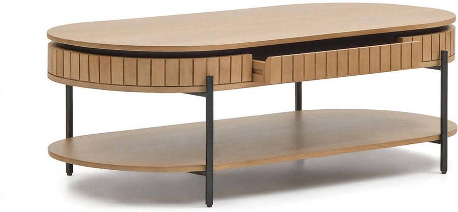 Kave Home Licia salontafel met 1 lade in massief mangohout en zwart gelakt metaal 130 x 65 cm