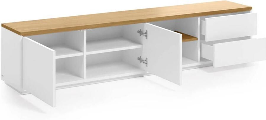 Kave Home Abilen eikenfineer TV-meubel met 2 deuren en 2 lades in witte lak 200 x 44 cm FSC 100%