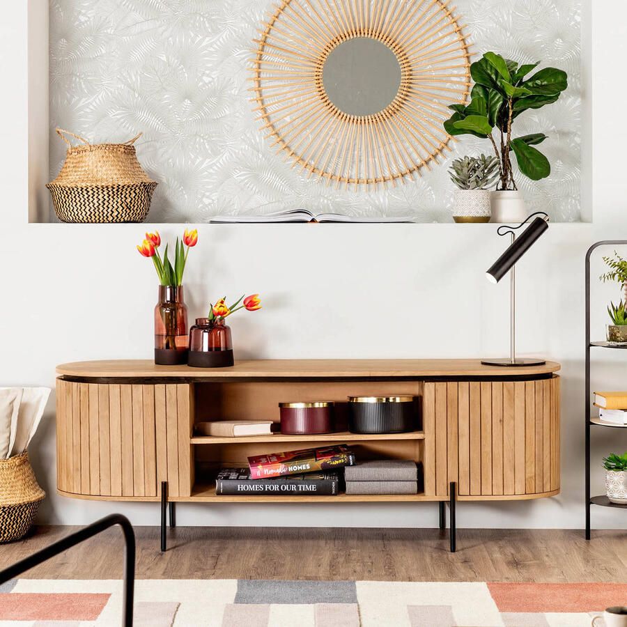 Kave Home Licia massief mangohouten TV-meubel met 2 deuren en zwart afgewerkt metaal 160 x 56 cm