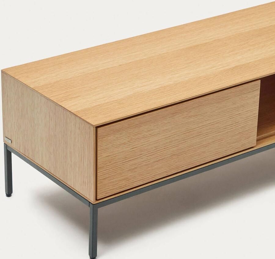 Kave Home Vedrana TV-meubel met 3 laden in eikenfineer met stalen poten 195 x 35 cm - Foto 4