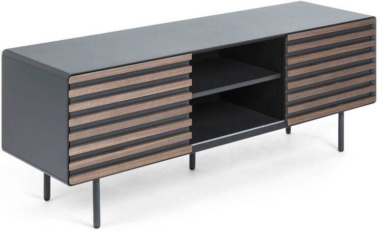 Kave Home Kesia 2-deurs TV-meubel met notenhoutfineer met zwarte lak & zwart staal 162 x 58 cm