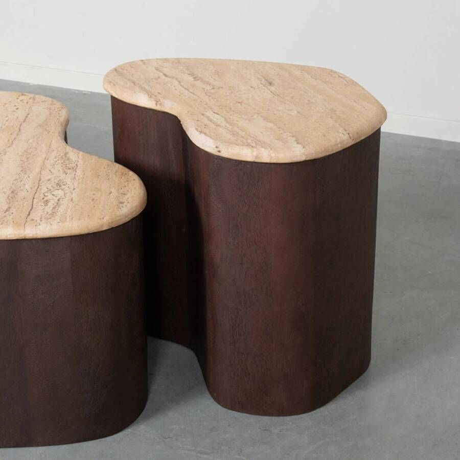 LABEL51 Organische Bijzettafel Davi Travertin en hout 40 x 30cm Espresso