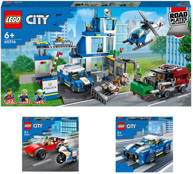 LEGO Politiebureau 60316 + Politiewagen speelset 60312 + Achtervolging auto op politiemotor 60392