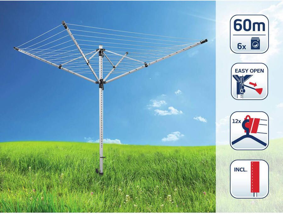 Leifheit droogmolen Lino Lift 600 quick start (evo) incl. beschermhoes incl. grondplug in hoogte verstelbaar 60 m drooglengte 6 wasmachineladingen