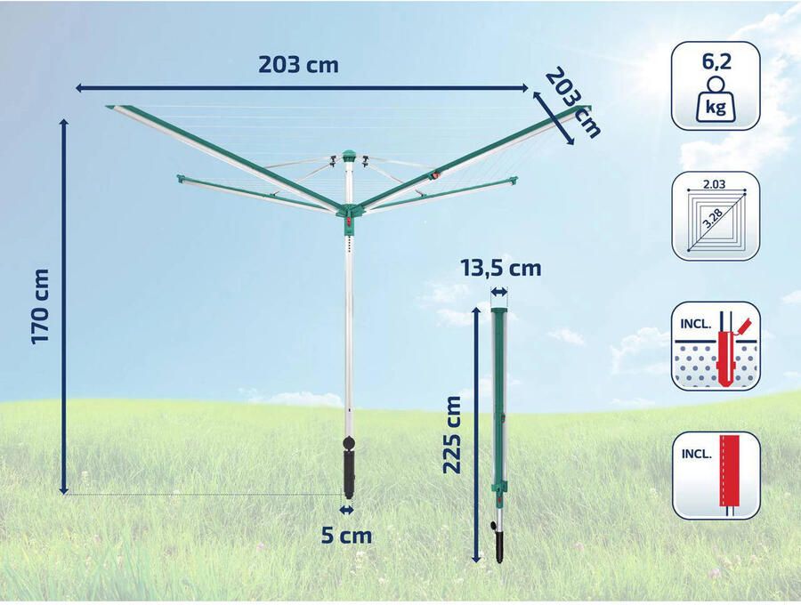 Leifheit droogmolen Linomatic 500 deluxe incl. bodemhuls en beschermhoes 50 m drooglengte 5 wasmachineladingen