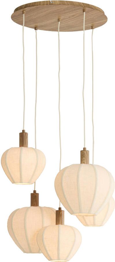 Light & Living Hanglamp Huxi Naturel houtlook en linnen 5-lamps Naturel Rond