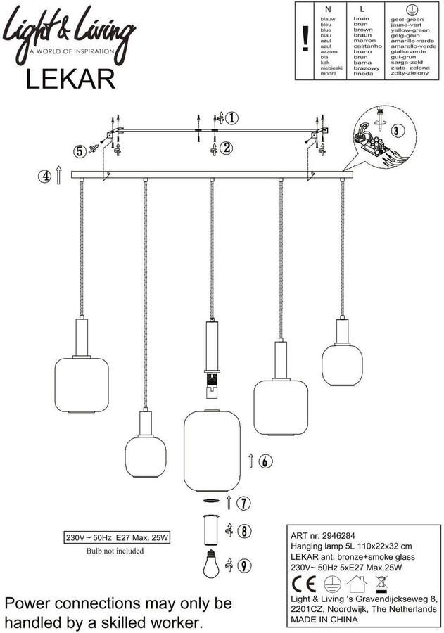 Light & Living Hanglamp Lekar Antiek Brons 5L 110x22x32cm Modern Hanglampen Eetkamer Slaapkamer Woonkamer - Foto 3