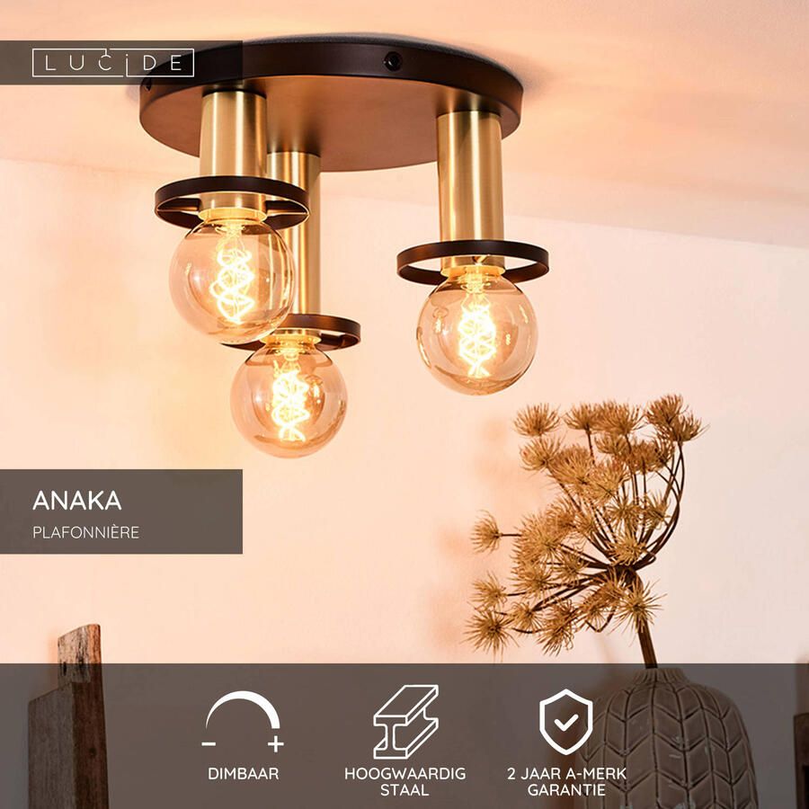 Lucide Plafondlamp Anaka Zwart Messing ⌀30cm 3xe27 - Foto 2