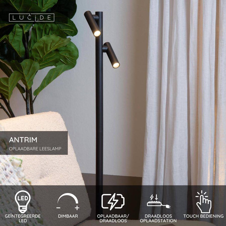 Lucide ANTRIM Oplaadbare Leeslamp Binnen Buiten Accu Batterij LED Dimb. 2x2 2W 2700K IP54 Met draadloos oplaadstation Zwart - Foto 2