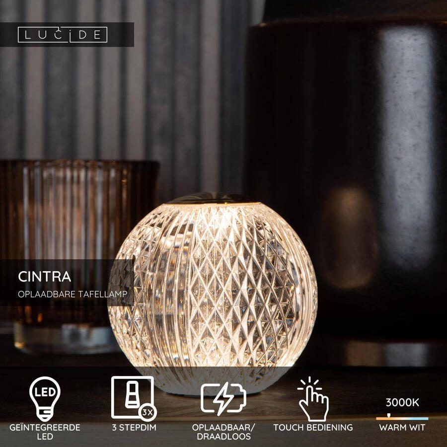 Lucide CINTRA Oplaadbare Tafellamp Accu Batterij Ø 11 cm LED Dimb. 1x2W 3000K 3 StepDim Transparant - Foto 2