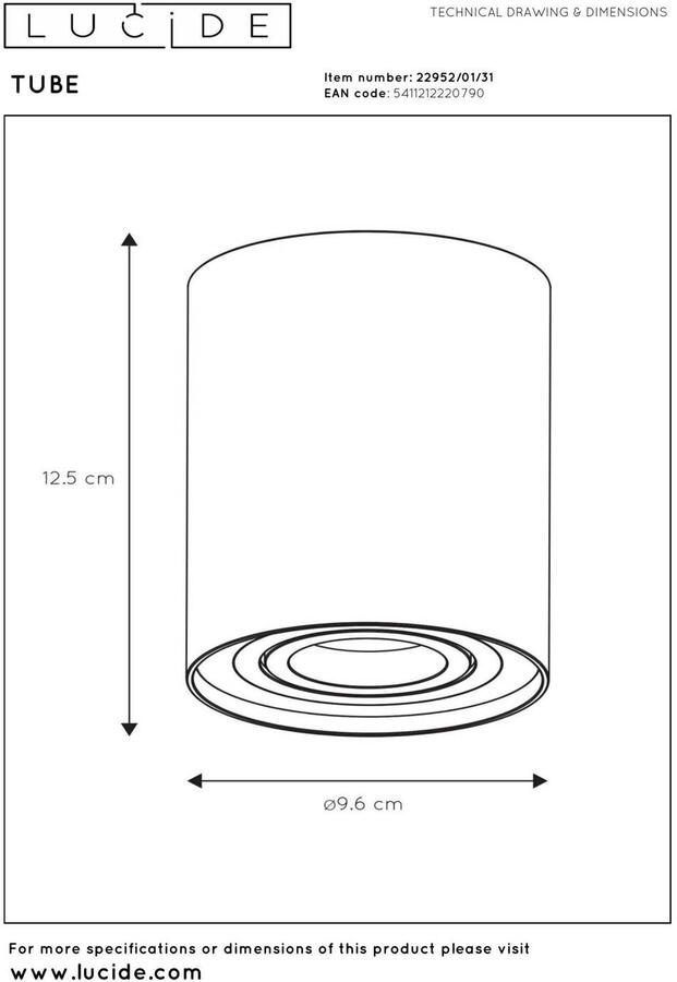 Lucide Plafondspot Tube Rond GU10 1-Lichts Dimbaar Wit - Foto 3