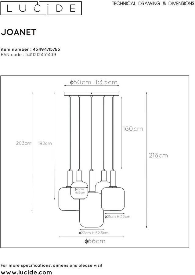 Lucide Hanglamp Joanet Gerookt Glas ⌀66cm 5xe27 - Foto 3
