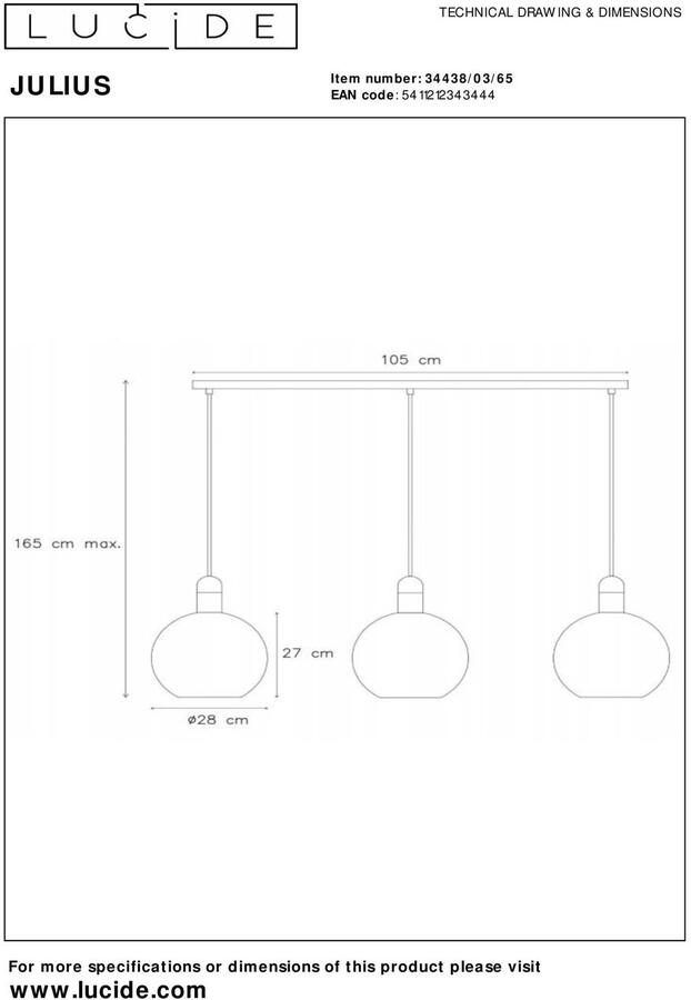 LUCIDE Hanglamp Julius Zwart Messing 3xe27 - Foto 2
