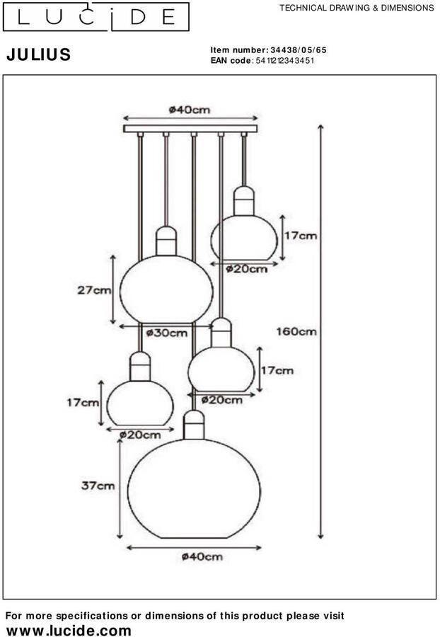 Lucide JULIUS Hanglamp 5xE27 Fumé