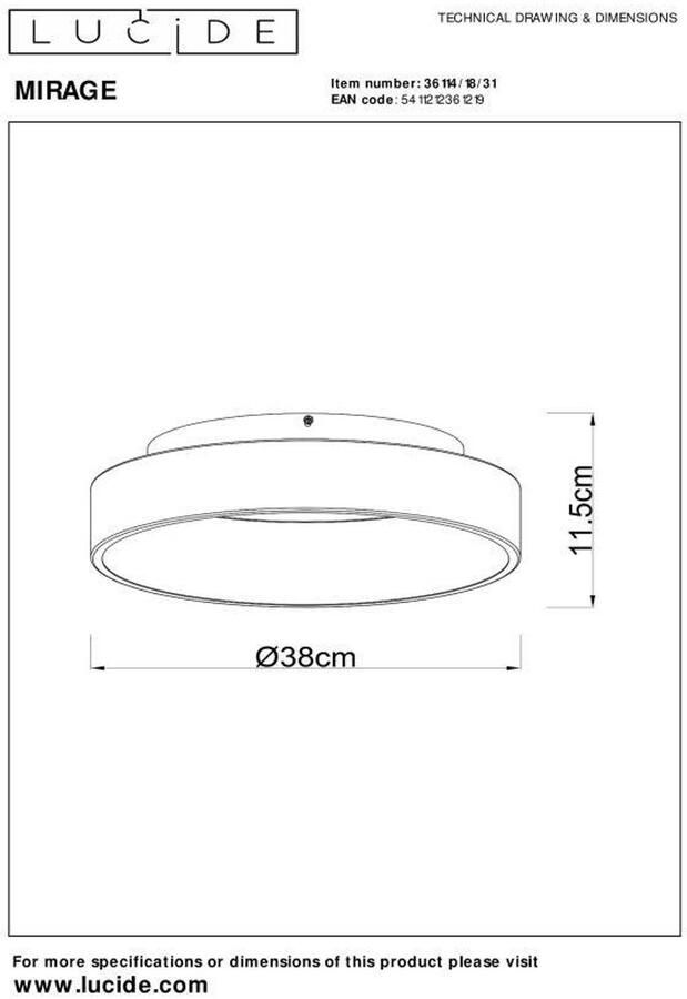 Lucide MIRAGE Plafonnière Ø38 cm LED Dimb. 1x22W 2700K Wit