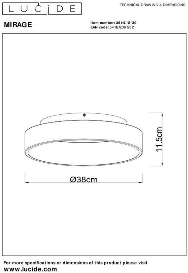 Lucide MIRAGE Plafonnière Ø38 cm LED Dimb. 1x22W 2700K Zwart