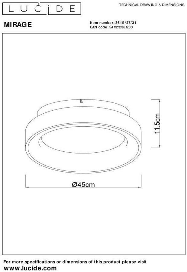 Lucide MIRAGE Plafonnière Ø45 cm LED Dimb. 1x33W 2700K Wit
