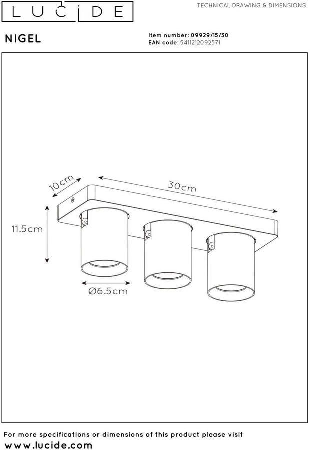 Lucide NIGEL Plafondspot LED Dim to warm GU10 3x5W 2200K 3000K Zwart - Foto 3