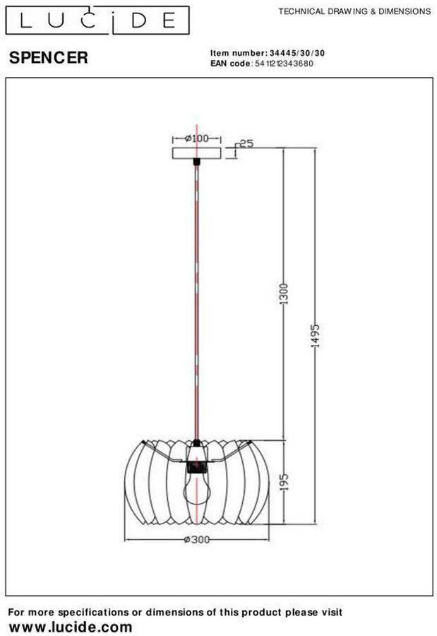Lucide SPENCER Hanglamp Ø30 cm 1xE27 Zwart