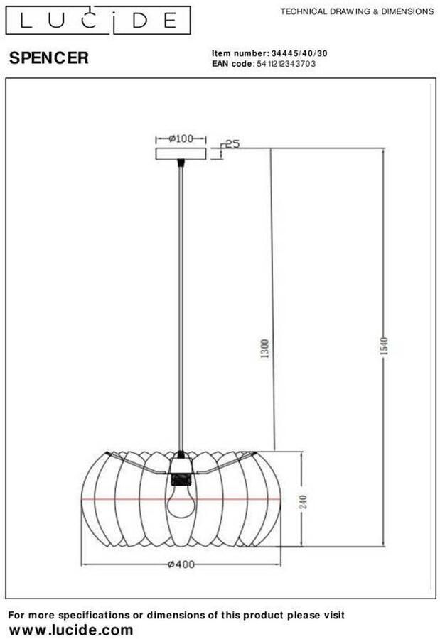 Lucide SPENCER Hanglamp Ø40 cm 1xE27 Zwart - Foto 2