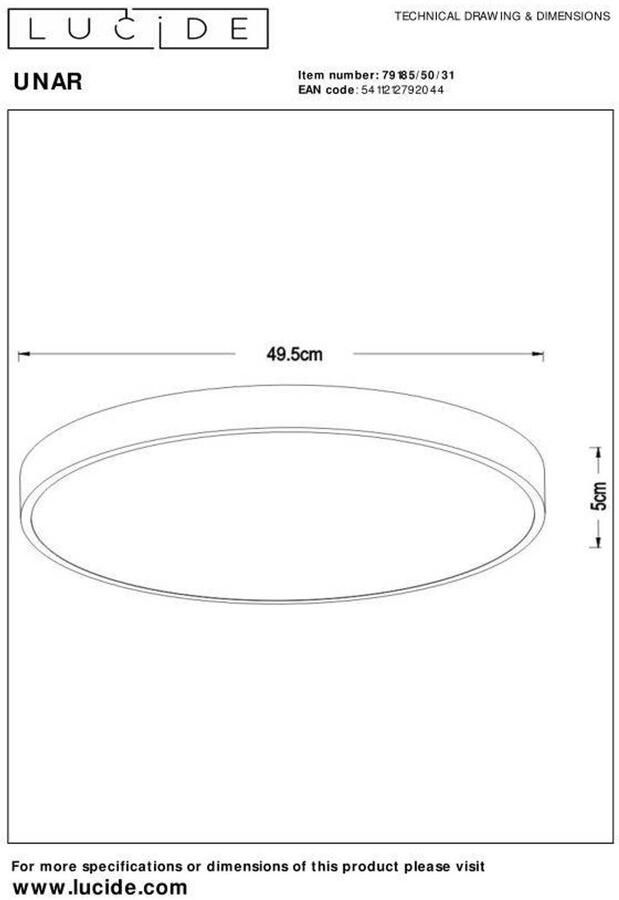 Lucide UNAR Plafonnière Ø49 5 cm LED Dimb. 1x36W 2700K 3 StepDim Wit