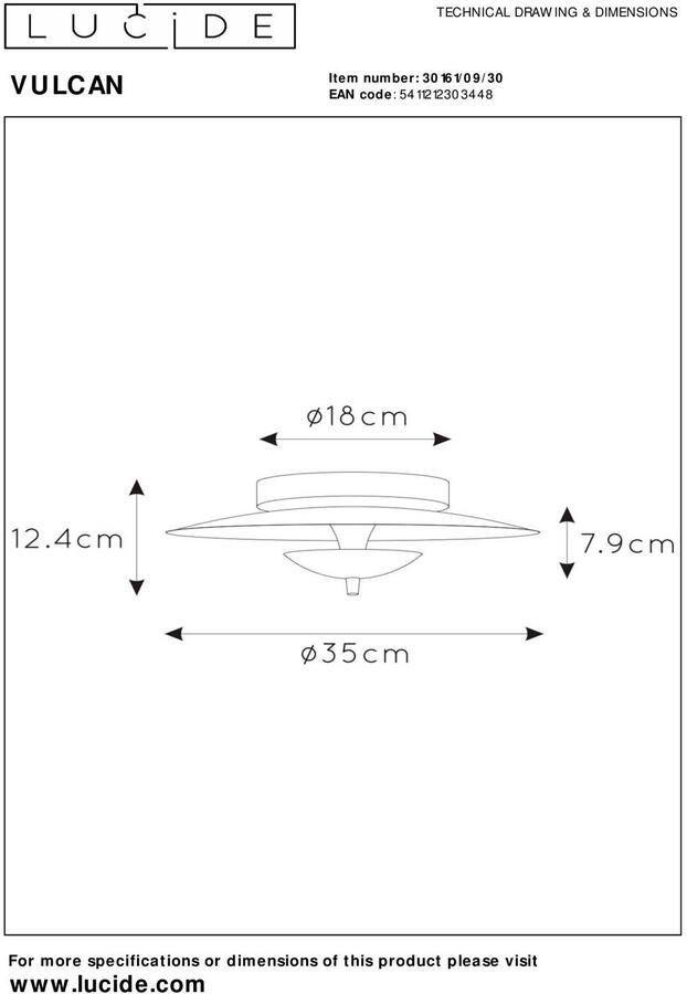 Lucide VULCAN Plafonnière Ø 35 cm LED Dimb. 1x9W 3000K Zwart - Foto 2