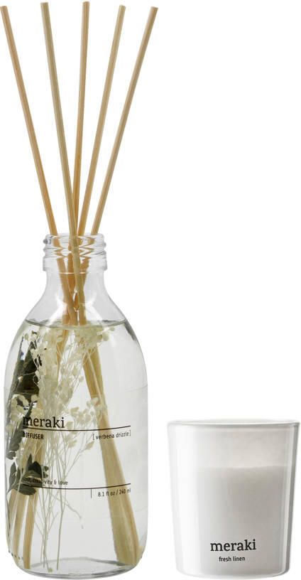 Meraki geschenkset geurstokjes Drizzle + geurkaars Fresh Linen