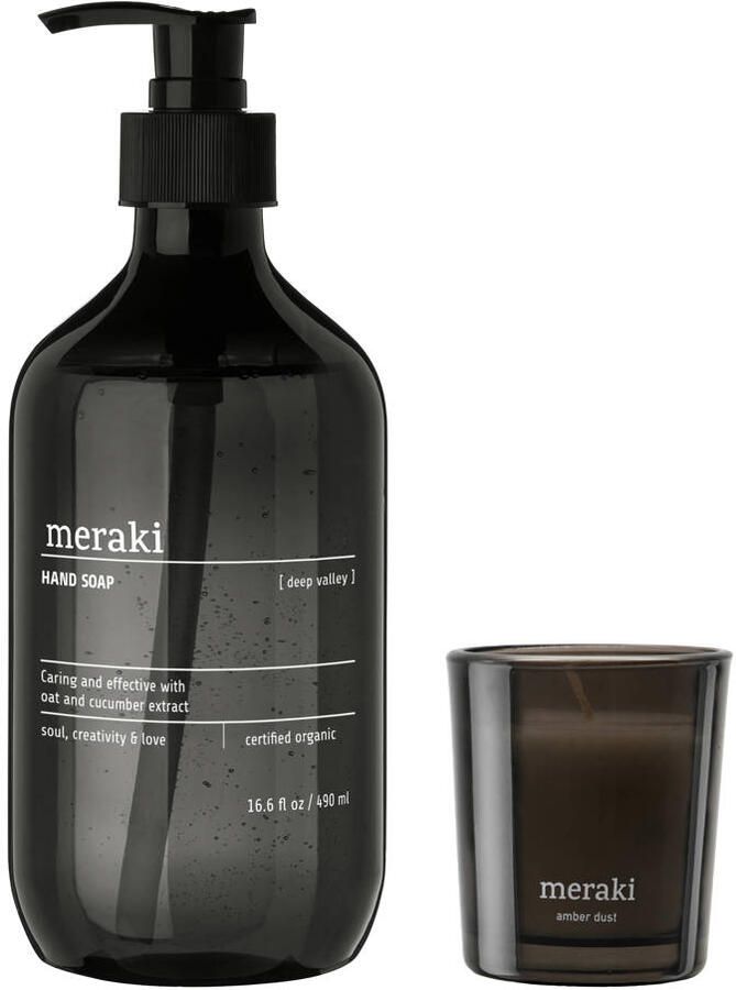 Meraki geschenkset handzeep Deep Valley + geurkaars Amber Dust