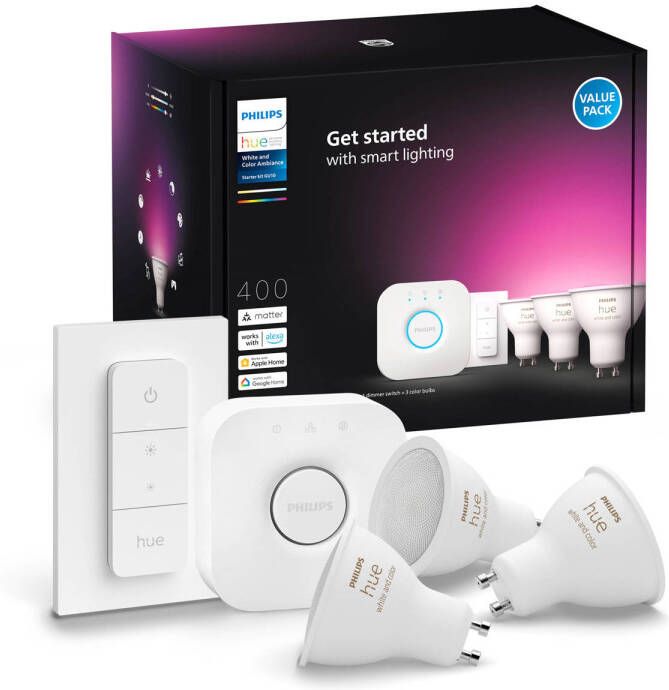 Philips Hue starterkit wit en gekleurd licht 3 lampen 1 dimmer switch GU10