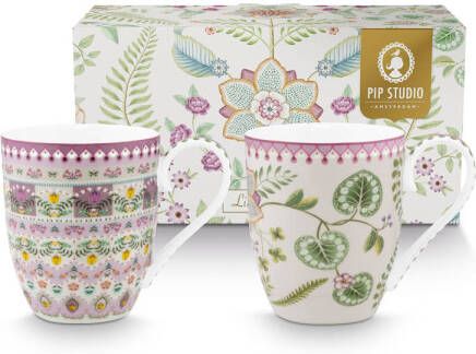 Pip Studio Lily & Lotus mok set 2 450ml 2 bekers XL 450 ML Lily & Lotus Lila in giftbox porselein