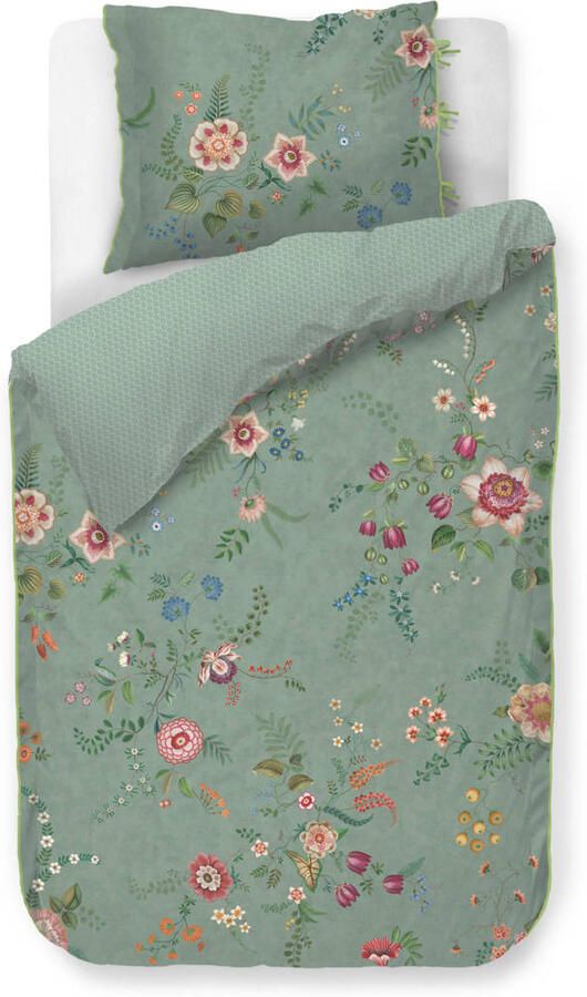 Pip Studio perkalen gebloemd 1-persoons dekbedovertrek 140x220 cm groen
