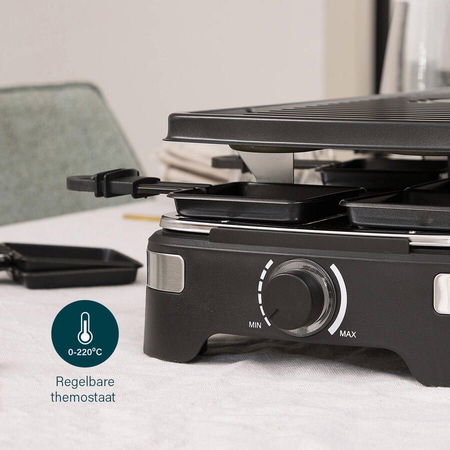Princess Gourmetstel XL 162650 Raclette 10 personen Grill & Bakplaat Groot 49x21cm Extra lang 2 meter snoer Regelbare thermostaat 1500 W Zwart 10 pannetjes - Foto 3