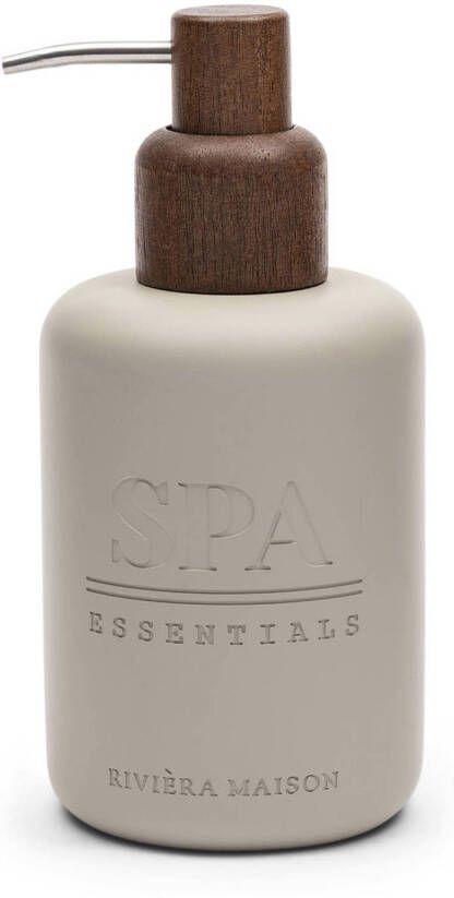 Riviera Maison Zeepdispenser mat beige met houten detail RM Spa Essential zeeppompje vrijstaand badkamer