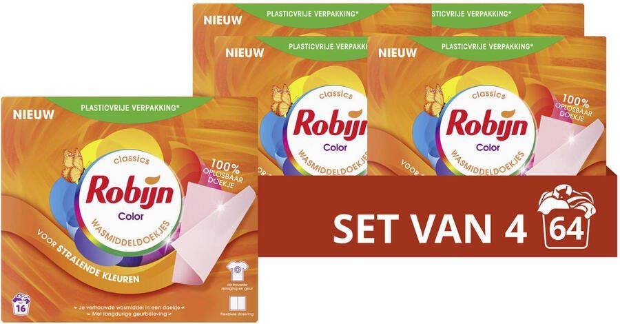 Robijn Classics Color Wasmiddeldoekjes 4 x 16 wasstrips 64 wasbeurten
