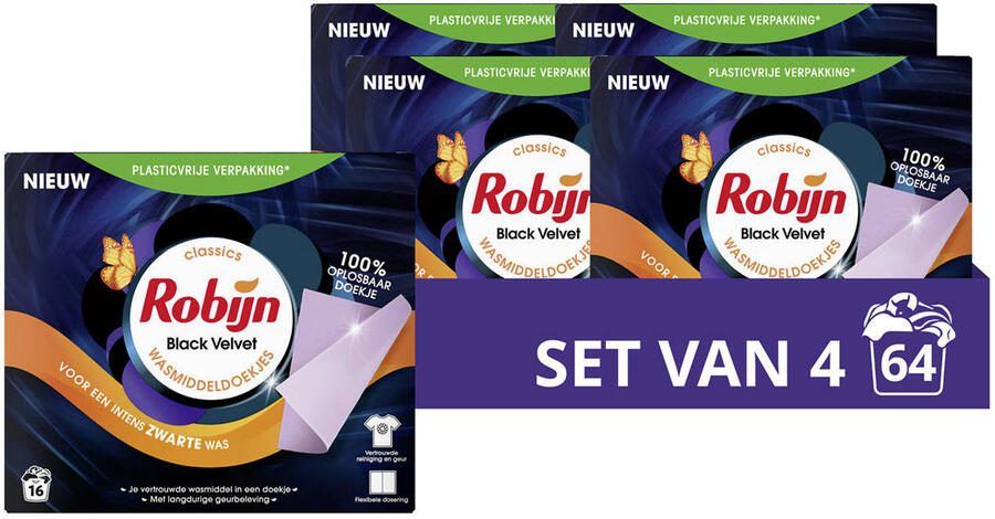 Robijn Classics Wasmiddeldoekjes Black Velvet 4 x 16 wasstrips 64 wasbeurten