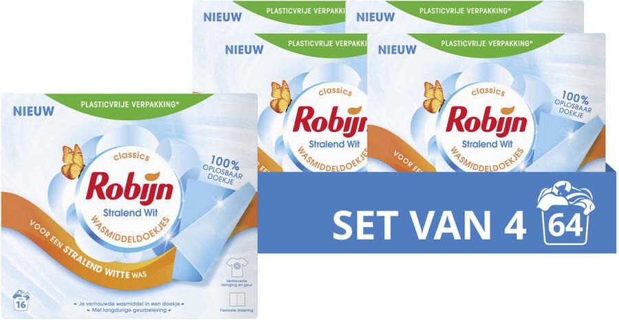 Robijn Classics Wasmiddeldoekjes Stralend Wit 4 x 16 wasstrips 64 wasbeurten