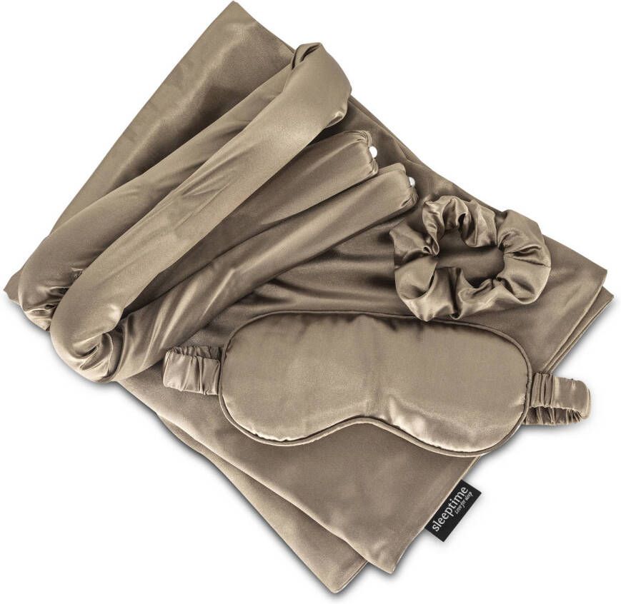 Sleeptime satijnen beauty set taupe (4-delig)