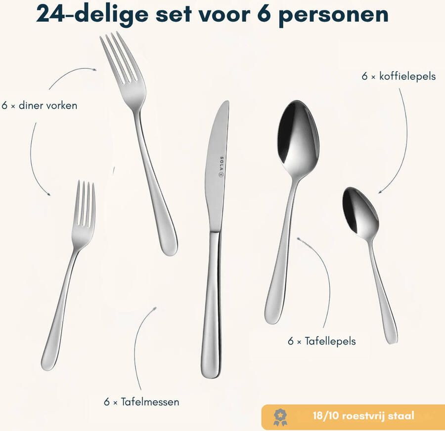 Sola Bestek Set Florence 100 Delig Bestekset 12 Persoons Modern Vaatwasserbestendig Zilverwit Premium Edelstaal 18 10 RVS Zilver - Foto 4