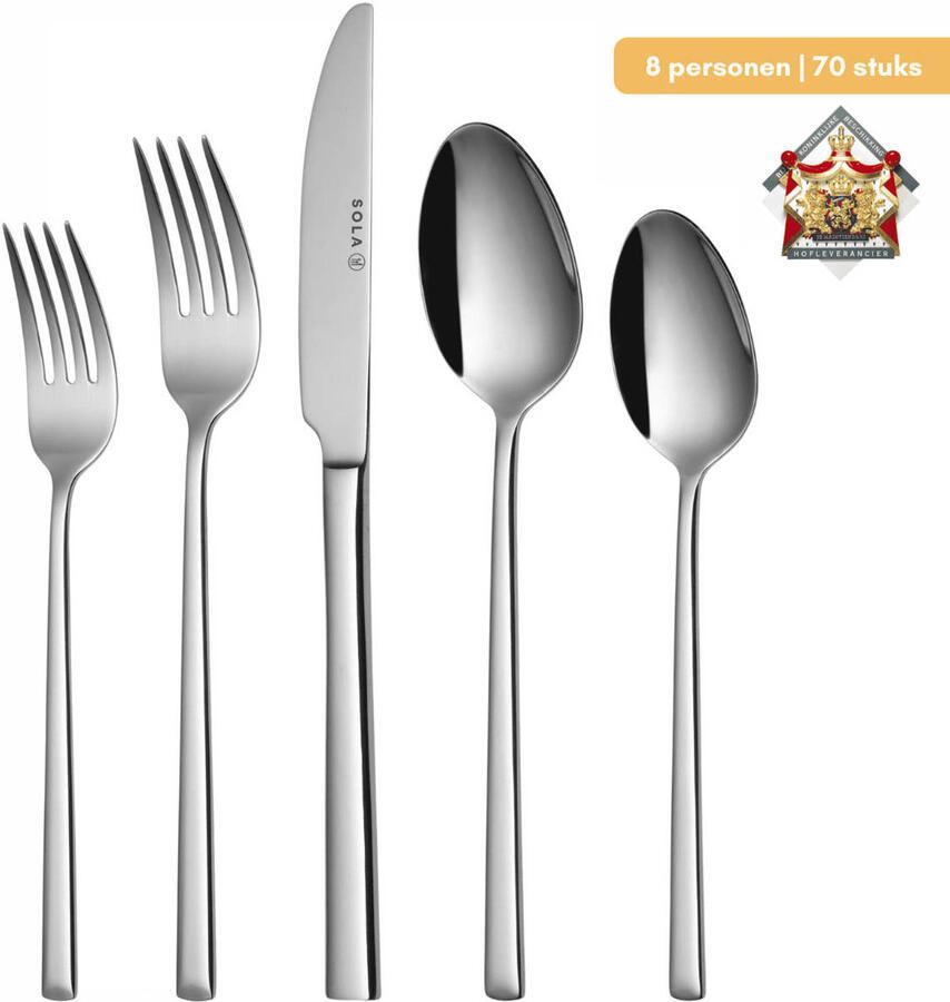 Sola Bestek Set Luxor 70 Delig Bestekset 8 Persoons Modern Vaatwasserbestendig Zilverwit Premium Edelstaal 18 10 RVS Zilver - Foto 4