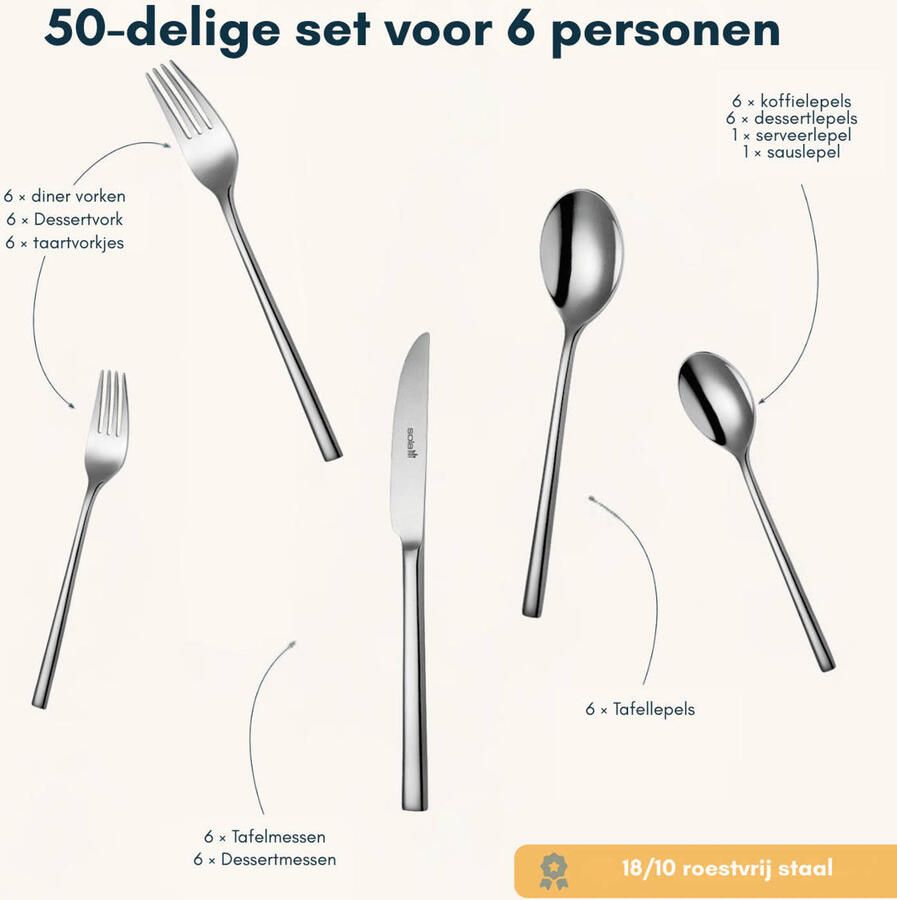 Sola Bestek Set Montreux 50 Delig Bestekset 6 Persoons Modern Vaatwasserbestendig Zilverwit Premium Edelstaal 18 10 RVS Zilver - Foto 3