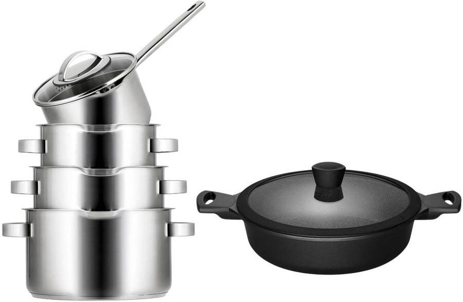 Sola Pannenset Pearl 5-Delig RVS Downdraft geschikt Kookpan ø 16 18 20 cm & Steelpan ø 16 cm + Hapjespan Fair ø 28 cm geschikt voor alle warmtebronnen