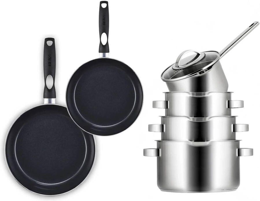 Sola Pannenset Pearl 6-Delig RVS Downdraft geschikt Kookpan ø 16 18 20 cm & Steelpan ø 16 cm + BEKA Koekenpan 24 28 cm geschikt voor alle warmtebronnen